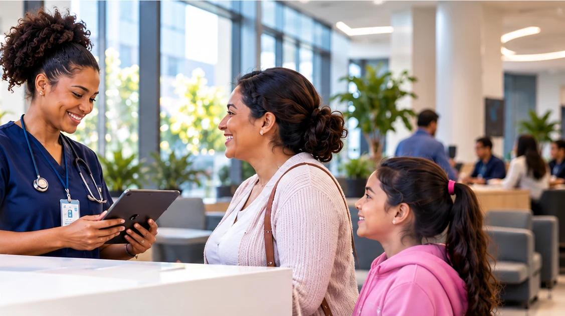 Patient and family checking in with a clinician in a modern connected-care clinic.
