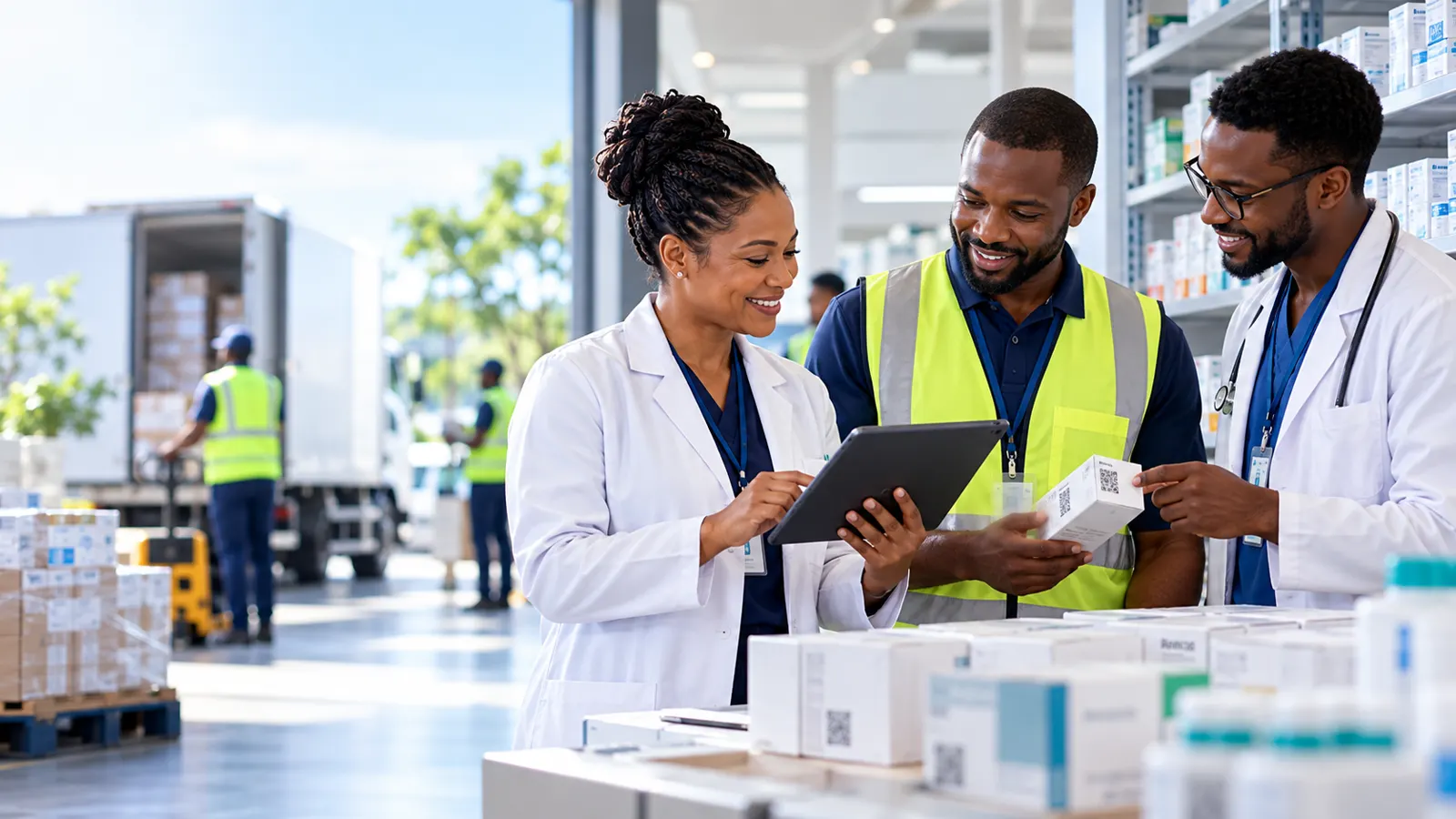 A pharmaceutical logistics team checking medicine inventory on warehouse shelving.