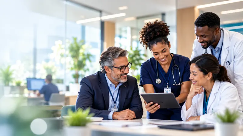 A healthcare team of clinicians and coordinators reviewing patient care together on a tablet.